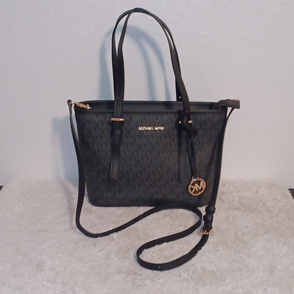 Michael Kors Preloved Jet Set Travel XS Black and Gold Tote. Handles Replaced.